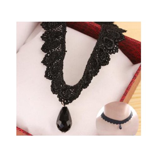 2021 Black Imitation Leather Lace Choker Necklace Gothic Punk Charm Waterdrop Pendant NecklaceVintage Jewelry Women