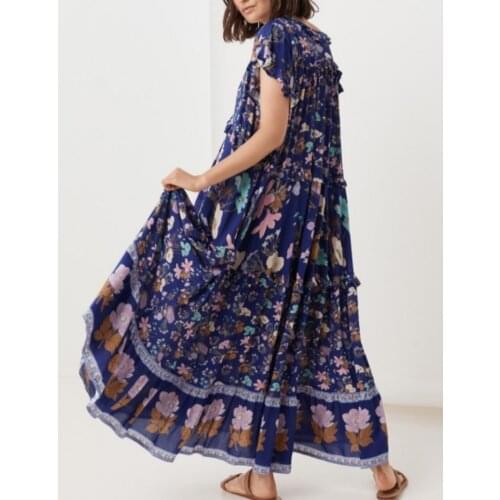 Happie Quuens women floral print short sleeve Bohemian rayon cotton maxi dress Ladies v-neck ruffles loose vintage vestidos