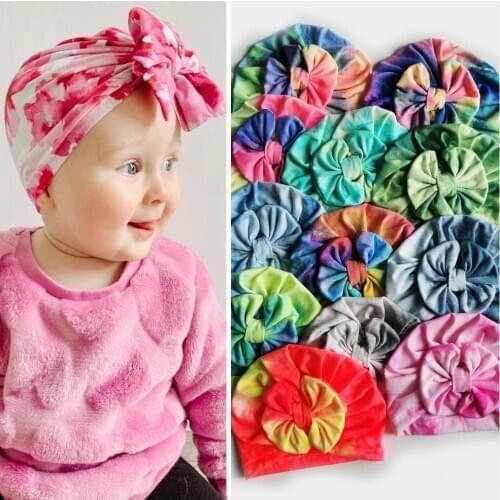 11 PCS/Lot, Tie Dye Messy Bow Fabric Turban Hat, Baby Girls Hair Accessories