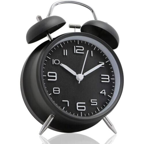 4 inch Twin Bell Alarm Clock Metal Frame 3D Dial with Backlight Function Desk Table Clock for Home & Office black