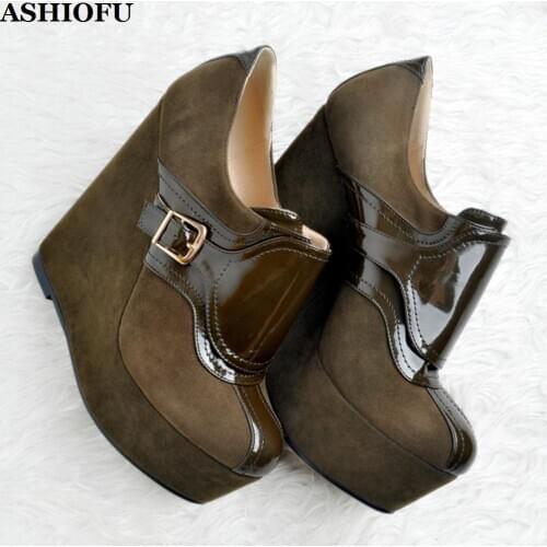 ASHIOFU Handmade New Womens Wadge Heel Pumps Buckle-strap Night-club Party Dress Shoes Platform Evening Fashion Court Shoes