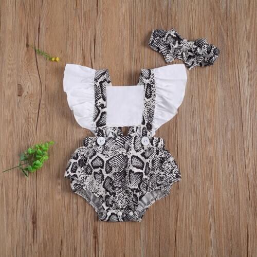 Newborn Baby Girls Boys Bodysuits Headband 2pcs Snakeskin Print Ruffles Short Sleeve Backless Jumpsuits