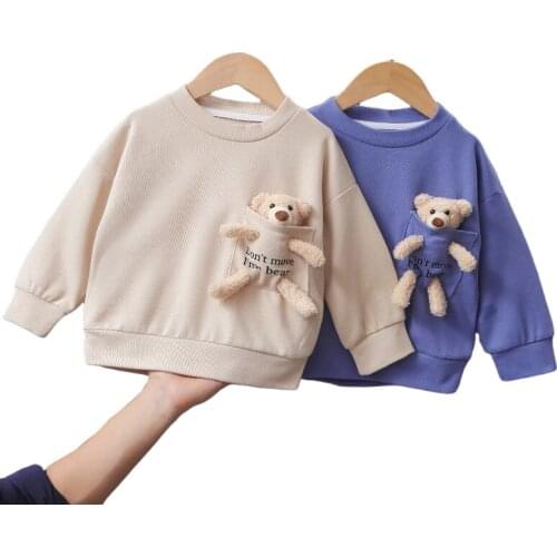 Cute Sweatshirts Children Solid T-shirt Baby Girl Boy With Bear Tops Spring Autumn Toddler Kids Sweater O-Neck Long Sleeves Tees