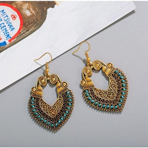 Ethnic Carved Gold Alloy Earrings Vintage Heart Shape Geometry Jhumka Ladies Earrings Oorbellen Hangers Kolczyki