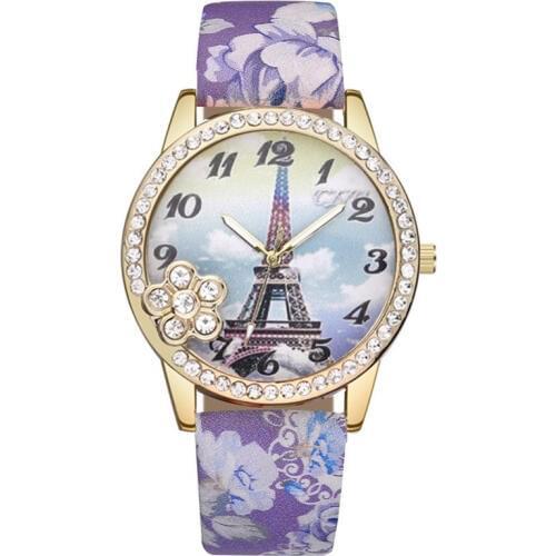 Hot Rhinestone Tower Flower Leather Watch Women Ladies Dress Quartz Wristwatch Hot Leather Gold Case Watches 919613
