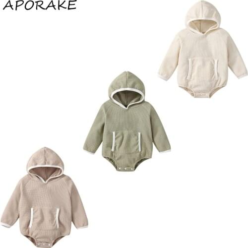 2021 0-24M Infant Boys Girls Jumpsuit Patch Pocket Long Sleeve Hooded Playsuit Romper Spring Fall Casual Top Outfit