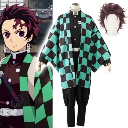 Japanese Anime Demon Slayer Cosplay Costume Tanjirou Kamado Cosplay Uniform Wig Kimetsu no Yaiba Kimono Halloween Costumes Suits