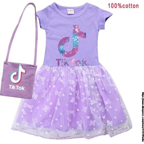 Tik Tok Girls Dress Summer Girls Bow-Knot Clothes Kids Lace Tulle Vestidos Children Princess Dress +Bag Tik Tok Party Dresses