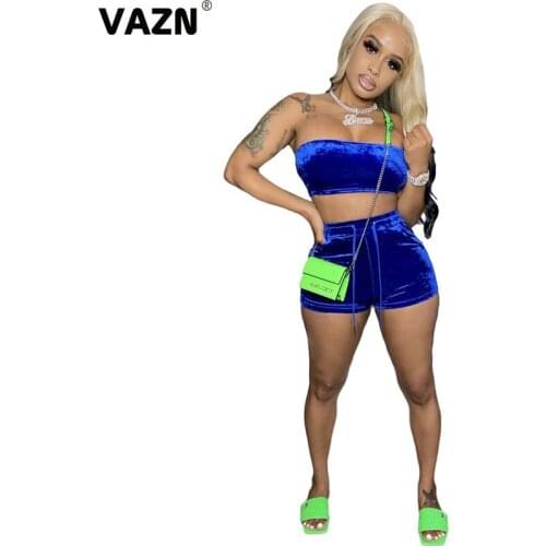 VAZN 2020 Summer Hot Suede Outfits Young Sexy Joker Solid Strapless Top Group Short Pants Slim Women 2 Piece Set