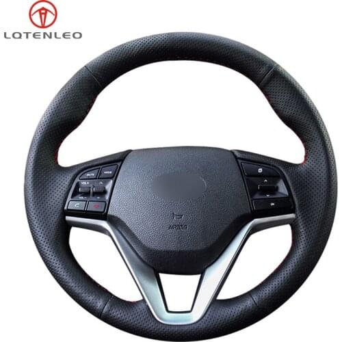 LQTENLEO Black PU Artificial Leather Hand Sew Car Steering Wheel Cover For Hyundai Tucson 3 2015 2016 2017 2018 2019