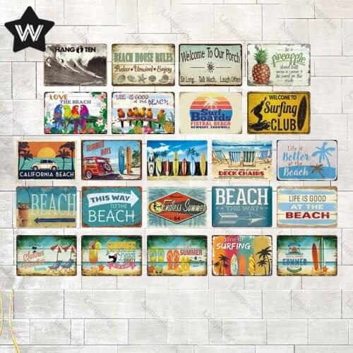 Metal Tin Sign This Way To The Beach Vintage Wall Sticker Metal Poster Retro Tinplate Surfing Metal Sign for Tiki Bar Club Decor