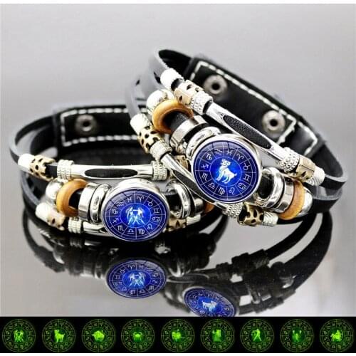 Multilayer Weave Leather Bracelet Luminous 12 Constellation Snap Button Bracelet Zodiac Signs Jewelry Women Beaded Bracelets