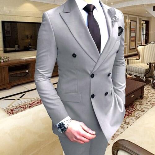 Trendy New Pop Grey Men Suit Set 2 Piece Slim Fit Formal Groom Tuxedo Wedding Suits for Men Evening Party Dress Male Blazer