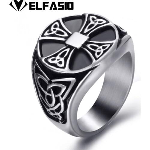 Men Stainless Steel Rings Celtic Knot Solar Cross Silver Black Vintage Jewelry