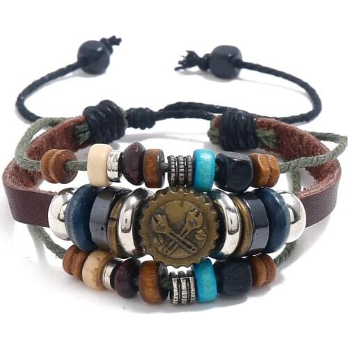 Fashion Men Wrench Charm Bracelet Cuff Leather Multi-layer Beads Wrap Bangle Retro Repair Tools Wristbands Vintage Punk Jewelry