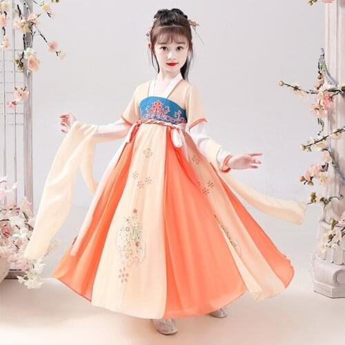2021 New Tang Suit Hanfu Lovey Girls Dresses Vintage Kids Evening Party Dresses Girls Chinese Traditional Perform Dress Cosplay