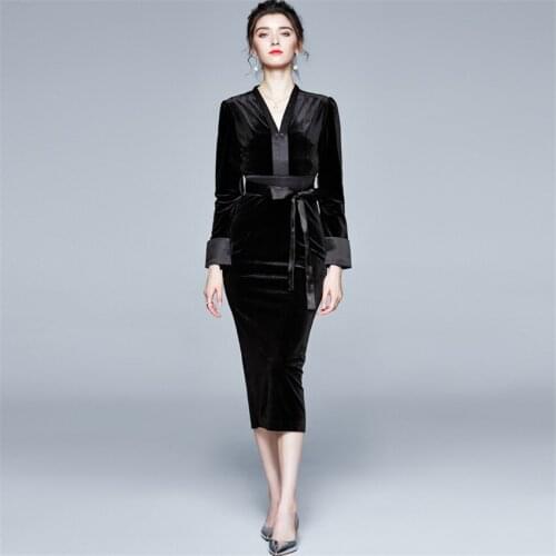 Autumn Winter Velvet Dress Ladies Office Sheath Bodycon Dress 2020 HIgh Quality Fashion Vintage Dresses Vestidos