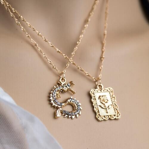 Fashion Multilayer Chinese dragon Pendant Necklaces Women Punk Vogue Rose Necklace Trendy Animal Letter Jewelry Party Gift