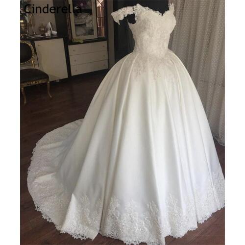 Cinderella V-Neck Off The Shoulder A-Line Sweep Train Lace Up Back Lace Applique Crystal Satin Wedding Dresses vestido de noiva