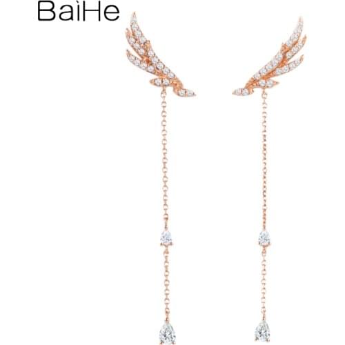 BAIHE Genuine Solid 14K Rose Gold 0.38ct H/SI Wings Diamond Tassel Earrings Trendy Fine Jewelry Stud Earring Women Ear line