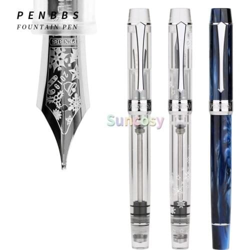 PENBBS 355 Piston Fountain Pen Resin Pen Body, Snow / Aurora Snowflake / Golden-Color EF/F Tip, Fashion Writing Gift Set