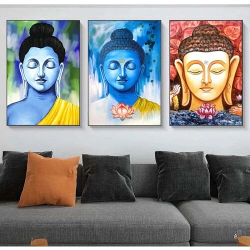 Modern Blue Big Buddha Portrait Art Canvas Paintings Posters and Prints Wall Art Picture for Living Room Wall Decoration Cuadros