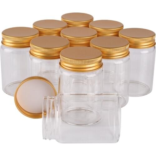12 pieces 80ml 47*70*34mm Glass Bottles with Golden Aluminum Caps Spice Bottles Pill Container Candy Jars Vials for Wedding Gift