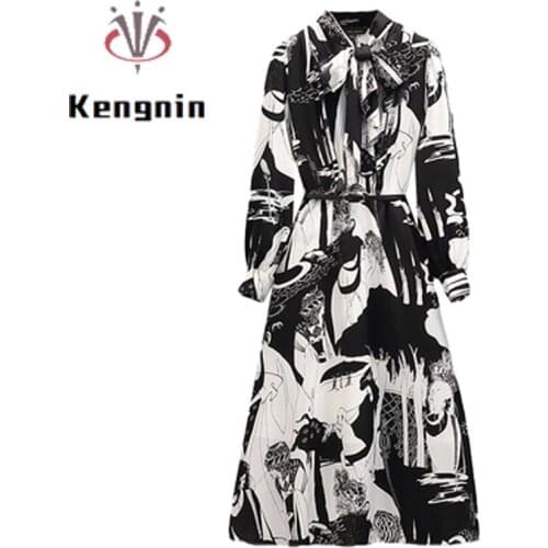 Loose Oversized Womens Dresses New 2021 Autumn Winter French Style Ladies Vestidos Print Chiffon Female Robe Bow Dress KE1876