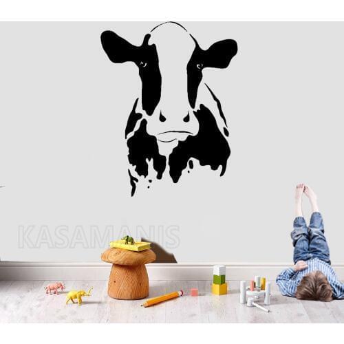 Cute Cow Head Wall Art Mural Decals Farm Animal Cow Vinyl Wall Sticker Home Fridge Farmhouse Living Room Pastoral Decoration