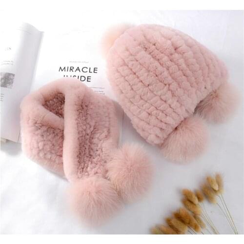 Womens Winter Real Rex Rabbit Fur Scarf & Hat for Kids Children Girls Soft Fluffy Headwear Wraps with Pompom