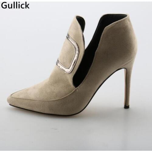 Fall Winter Women Flock New Design Pointed Toe Ankle Boots Thin and High Heels Slip on Female Pumps