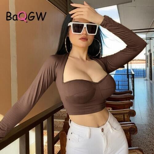 Winter Solid Skinny Women Tops Sexy Party Club Square Collar Slim Tshirt Womens Autum Long Sleeve Streetwearl Basic Tee Tops