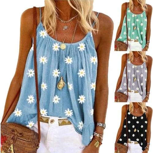 3XL Women Fashion Sleeveless Marguerite Print Pleated Camisole Vest Loose Blouse Top