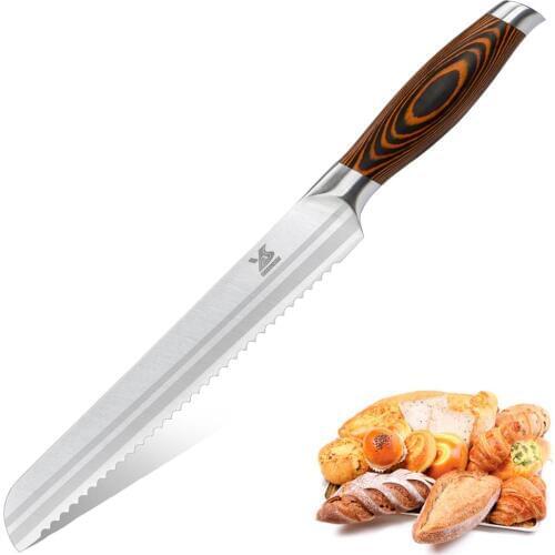 BIGSUNNY 8 Inch Bread Kinfe, Pro Serrated Bread Cutter, German Steel Cake Knife with Ergonomic Handle，Ultra Sharp Bakers Knife