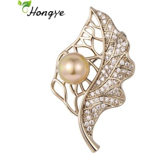 Hongye Delicate Zircon Copper Leaf Pearl Handmade Brooches Pins For Female Charm Party Weeding Elegant Jewelry Gift Fashion