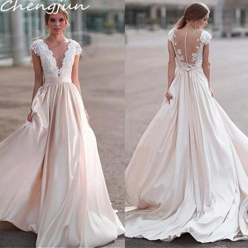 Chengjun 2019 Illusion Back Casual Beach Light Champagne Cap Sleeve Wedding Dresses