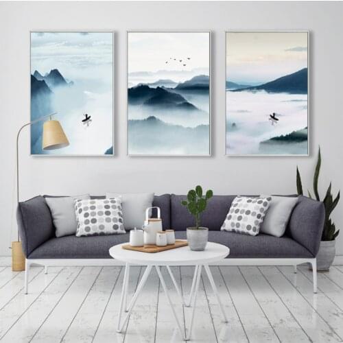 Chinese Traditional Mountain River Landscape Wall Art Boat Poster and Print People Rowing Canvas Painting for Living Room Decor