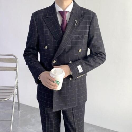 Classic Plaid Suits for Men Business Formal Casual Suit 2 Pieces Double Breasted Groom Wedding Dress Clothes Work Social Blazers