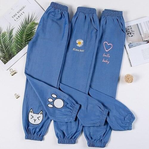 Girls Summer Pants Tencel Jeans Thin Loose Children Casual Embroidery Cartoon Cotton Comfortable 4-14Yrs Elastic Waist Trousers