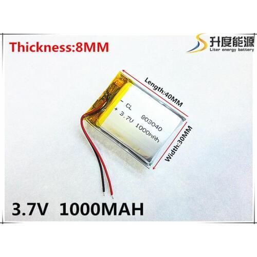 Li-po 3.7V,1000mAH,[803040] PLIB; polymer lithium ion / Li-ion battery for GPS,mp3,mp4,mp5,dvd,,model toy