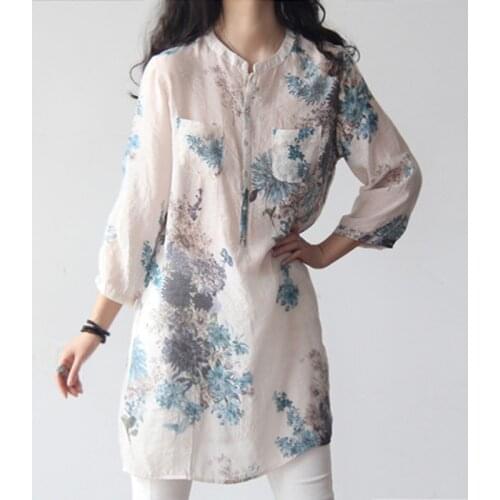 Linen Shirts Vintage Women Floral Print Blouses Casual Loose Tops Female Long Shirt Blusas Tunic Chinese Style
