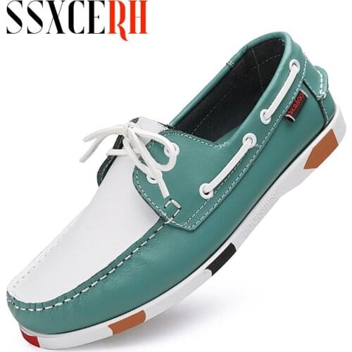 Size 39-45 Spring Solid Mens Boat Footwear Fashion High Quality Leather Loafers Lace Up Casual Shoes Man Comfortable Lazy Shoes