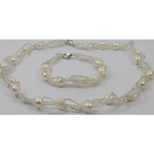 Unique Pearls Jewellery Rearl Pearl Jewelry Set White Color 8mm Rice Genuine Freshwater Pearl Necklace Bracelet Fine Jewelry