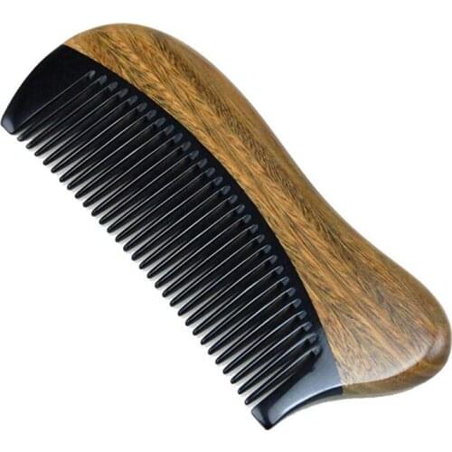 Natural Green Sandalwood Hair Comb - No Static Wooden Fine Tooth Black Buffalo Horn Comb (Green sandalwood)