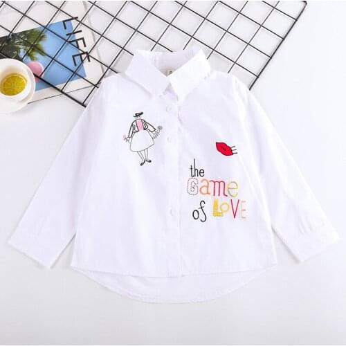 Girls Pink White Shirt Letter Cartoon Long Sleeve Tops Girls Embroidery Cotton Blouse Top for 8 To 12 Years Teenage Clothing