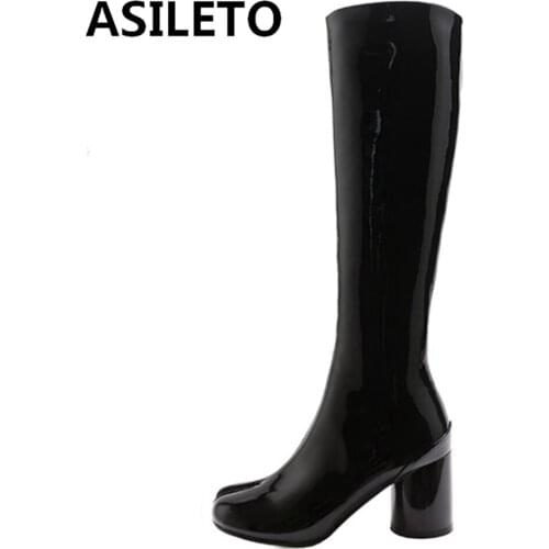 ASILETO 2021 New Design Fur Women Patent Leather Mortorcycle Ridding Knee High Chunky Boots Slim 7cm Block Heel Zip 40 S2421