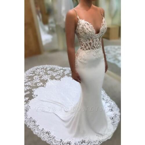 Vestidos De Novia Hot Mermaid V Neck Spaghetti Straps Wedding Dresses Lace Appliques Wedding Gowns with Court Train