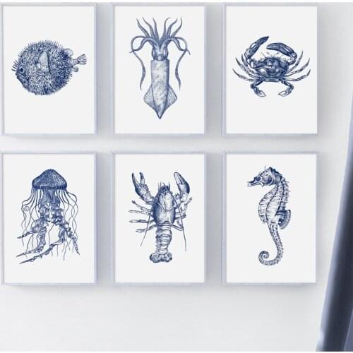 Vintage Anime Boho Decor Poster Canvas Wall Minimalist Art Picture For Living Room Home Design Fish Shrimp Crab Printing