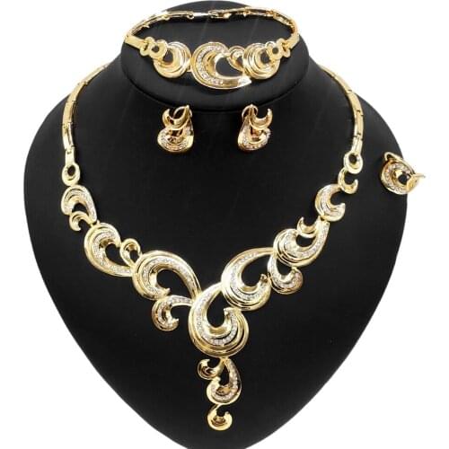 Yulaili Exquisite Gold-Plated Drop Shape Long Necklace Jewelry Set and Woman Earrings Bracelet Couple Ring Necklace Jewelry Sets