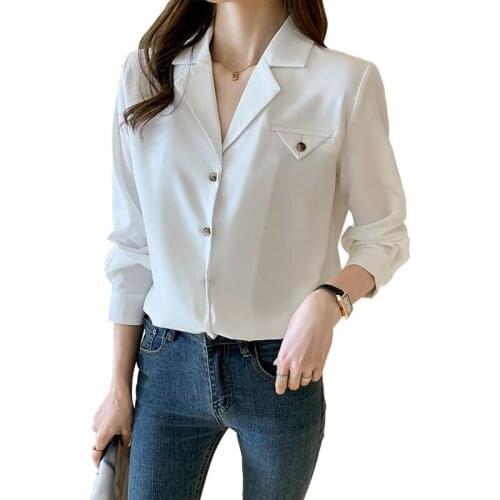 Women spring summer long-sleeve V-neck soild color Button pocket decoration Single-breasted loose Lady Chiffon shirts tops